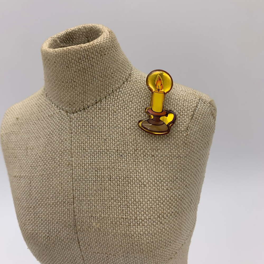 Vintage Mid Century Gold Translucent Acrylic Metal Flamed Candlestick Lapel Pin